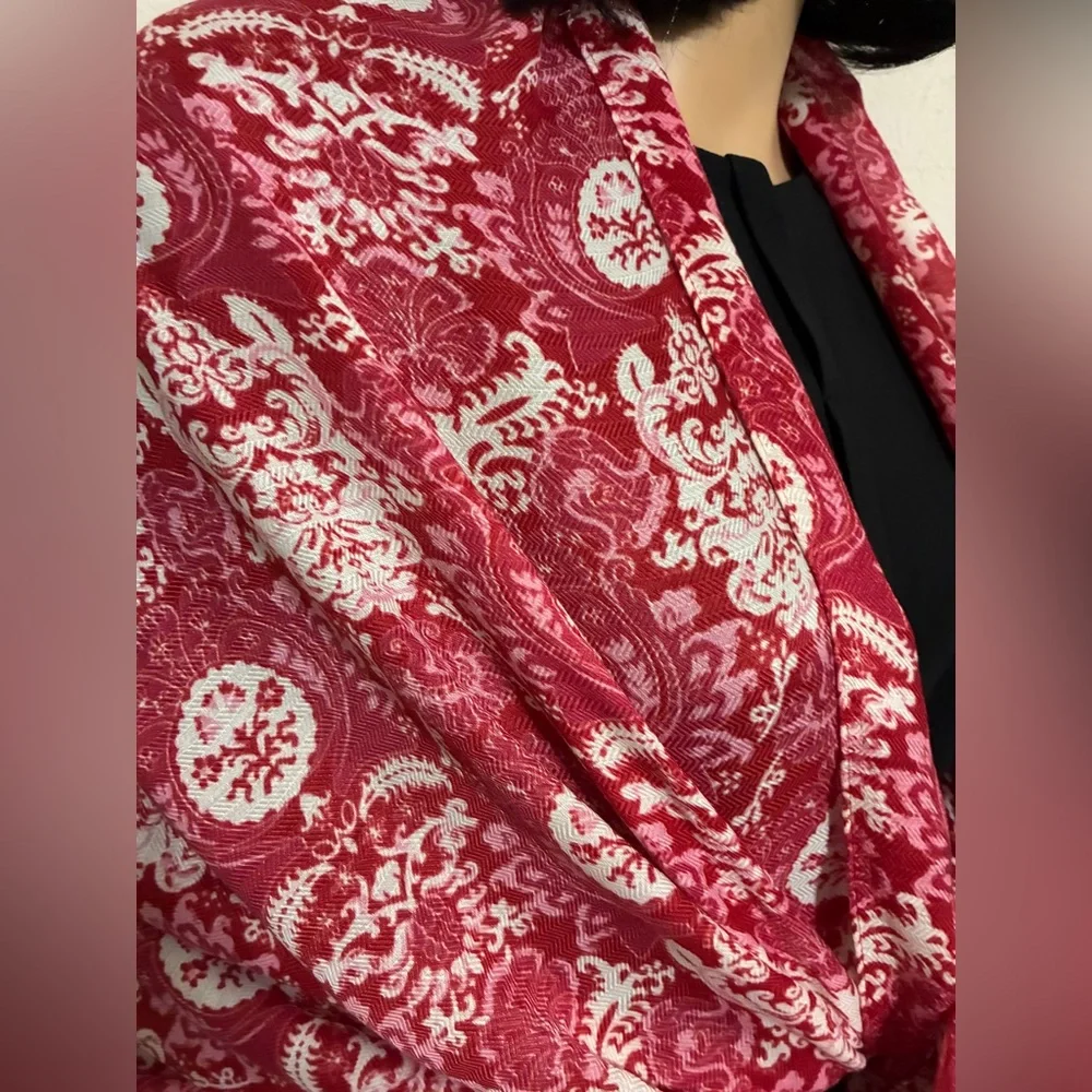 Red & White Baroque Floral Scarf Wrap – 27” x 72” Lightweight Fringe Shawl